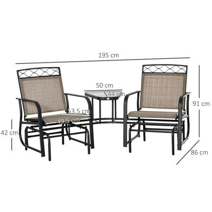 Glider Chair, 2 Seater Patio Rocking Chairs, Tempered Glass Table, Brown