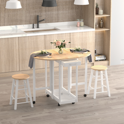 3pc Wooden Kitchen Cart Mobile Rolling Trolley Folding Stools Wheels Drawers