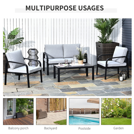 4 Pcs Garden Dining Set & 2 Chairs Sofa Glass Top Table Foam Cushions Grey Black