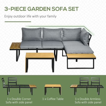 Outsunny 3PCs Patio Furniture Set w/ Cushions, Wood Grain Plastic Top Table