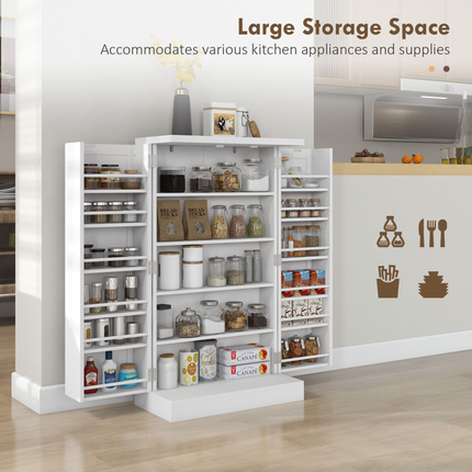 HOMCOM Kitchen Cupboard with Double Doors, 5-Tier Shelf, 12 Spice Racks, White