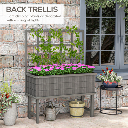 Outsunny Wood Raised Planter w/ Trellis Drain Holes Elevated Garden Bed Grey