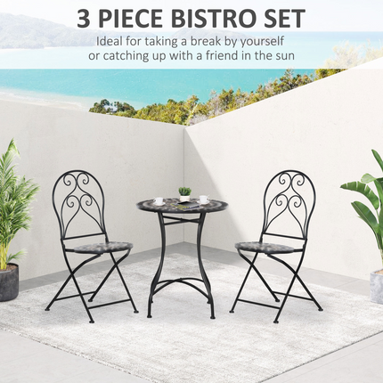 3PC Garden Bistro Set with Mosaic Tile Top and Seats, Metal Frame