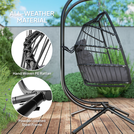 Outsunny Rattan Double Hanging Egg Chair with Stand, Cushion, Dark Grey