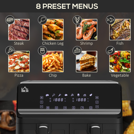 Dual Air Fryer 8L 2500W – 2 Baskets, 8 Presets, Timer & Recipe Book