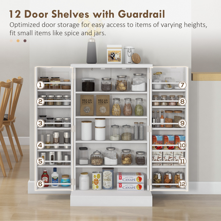 HOMCOM Kitchen Cupboard with Double Doors, 5-Tier Shelf, 12 Spice Racks, White