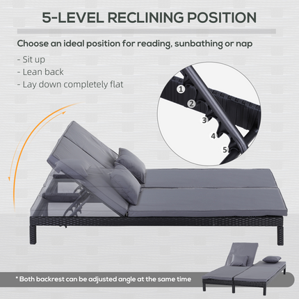2 Seater Rattan Lounger  Adjustable  Cushions Black