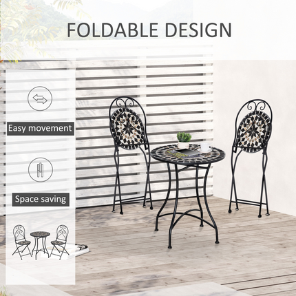 3PC Garden Bistro Set with Mosaic Tile Top and Seats, Metal Frame