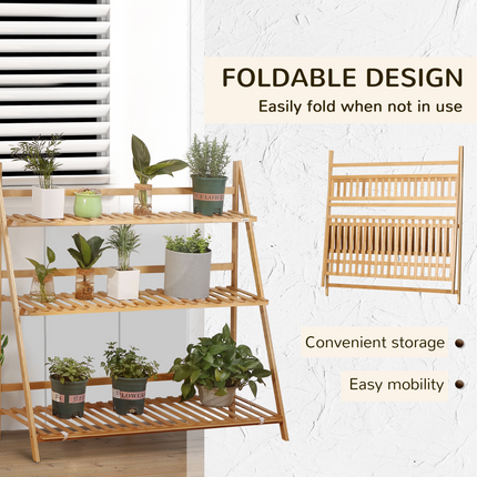 3-Tier Folding Bamboo Plant Stand Display Shelf Rack for Indoor & Outdoor