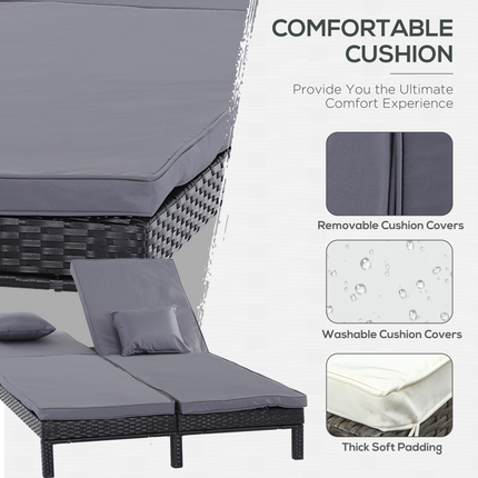 2 Seater Rattan Lounger  Adjustable  Cushions Black