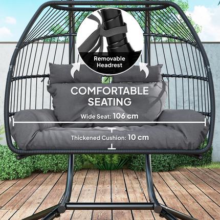 Outsunny Rattan Double Hanging Egg Chair with Stand, Cushion, Dark Grey