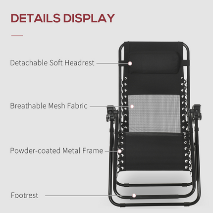 Foldable Garden Recliner Chair Set of 2 w/ Footstool & Headrest, Black