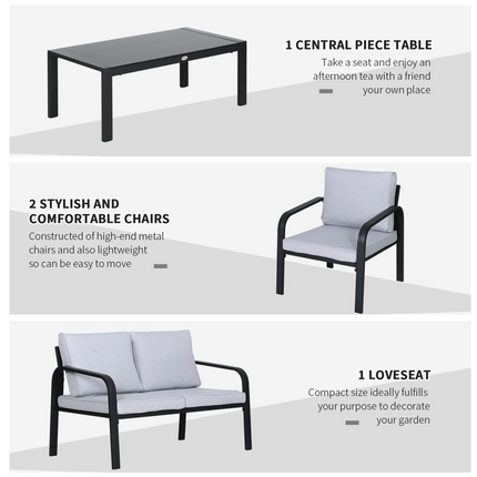 4 Pcs Garden Dining Set & 2 Chairs Sofa Glass Top Table Foam Cushions Grey Black