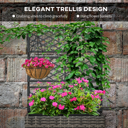 Outsunny Garden PE Rattan Planter Box with Trellis Flower Raised Bed 57x30x107cm