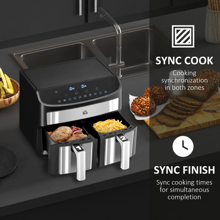 HOMCOM Dual Air Fryer 8L 2400W – 10-in-1 Oil-Free with Sync Cook & Timer