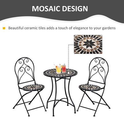 3PC Garden Bistro Set with Mosaic Tile Top and Seats, Metal Frame