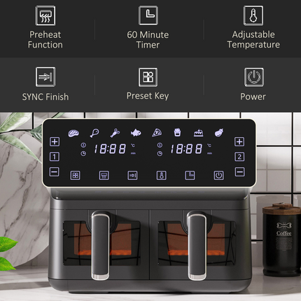 Dual Air Fryer 8L 2500W – 2 Baskets, 8 Presets, Timer & Recipe Book