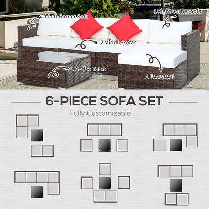 Outsunny 6 Pieces Rattan Furniture Set Garden Sofa Conservatory Wicker Brown