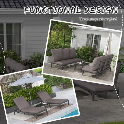 Outsunny 3-PCS PE Rattan Lounge Set, Aluminium Recliner Sofa Bed Set, Grey