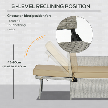 5-level Adjustable Rattan Sun Lounger w/ Storage Tea Table & Footstools, Beige