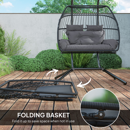 Outsunny Rattan Double Hanging Egg Chair with Stand, Cushion, Dark Grey