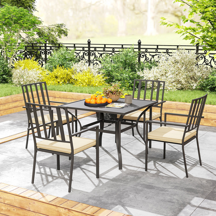 Outsunny Garden Dining Set w/ 4 Stackable Cushioned Chairs and Metal Top Table