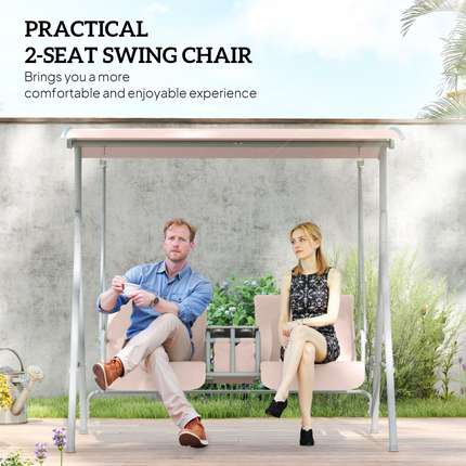 Outsunny 2 Person Covered Patio Swing with Pivot Table & Storage Console Beige