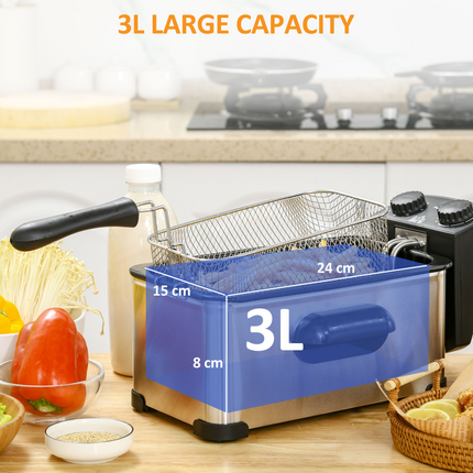 HOMCOM Deep Fat Fryer 3L 2000W – Adjustable Temp & 60min Timer