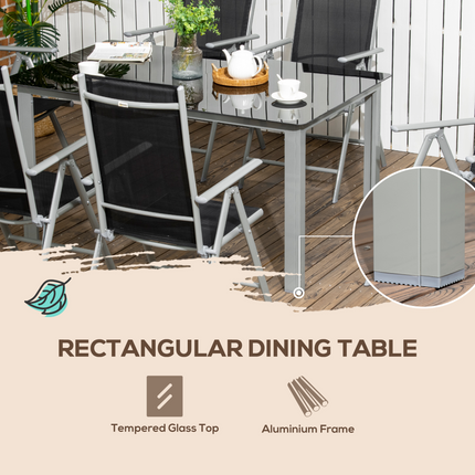 7pc Outdoor Dining Table and 6 Folding Chairs, Aluminium Patio Dining Set Black
