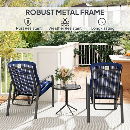 Outsunny 3-Piece Recliner Garden Chairs and Tempered Glass Table Set, Blue