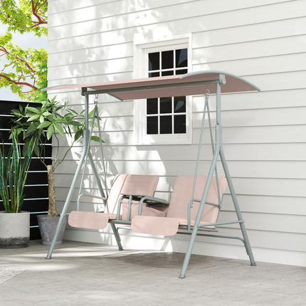 Outsunny 2 Person Covered Patio Swing with Pivot Table & Storage Console Beige