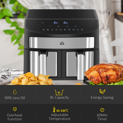 HOMCOM Dual Air Fryer 8L 2400W – 10-in-1 Oil-Free with Sync Cook & Timer