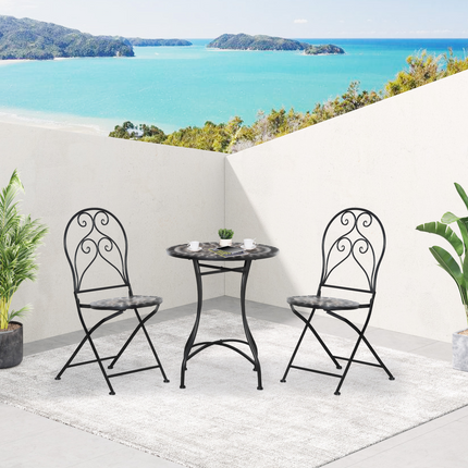 3PC Garden Bistro Set with Mosaic Tile Top and Seats, Metal Frame