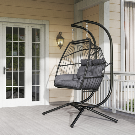 Outsunny Rattan Double Hanging Egg Chair with Stand, Cushion, Dark Grey