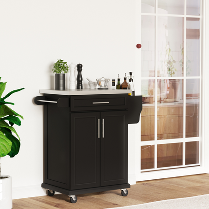 Rolling Kitchen Cart Storage Trolley with Drawer Towel Rail Steel Black HOMCOM