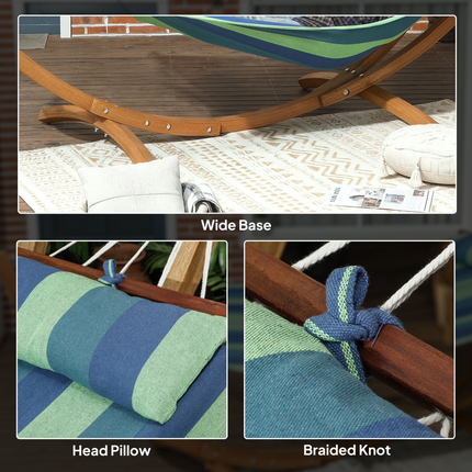 Outsunny Hammock with Stand, Triple-Head Wood Hammock with Cotton Bed, Blue