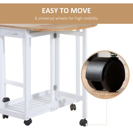 3pc Wooden Kitchen Cart Mobile Rolling Trolley Folding Stools Wheels Drawers