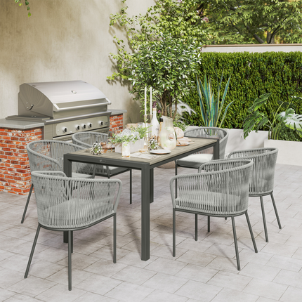 Outsunny 6 Seater Rattan Dining Set with Acacia Wood Table Top Seat Cushions