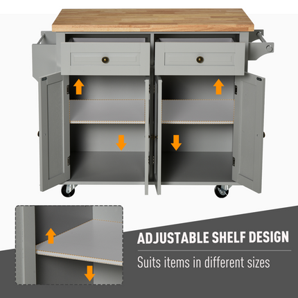 Rolling Kitchen Island Cart  Rubber Wood Top, Spices, and Towel Rack