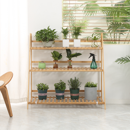 3-Tier Folding Bamboo Plant Stand Display Shelf Rack for Indoor & Outdoor