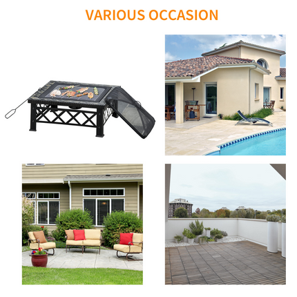 76cm Square Garden Fire Pit Square Table w/ Poker Mesh Cover Log Grate