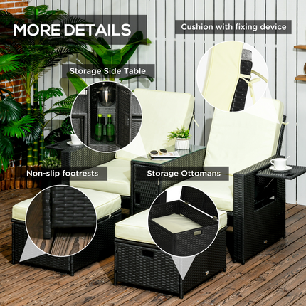5-level Adjustable Rattan Sun Lounger w/ Storage Tea Table & Footstools, Balck