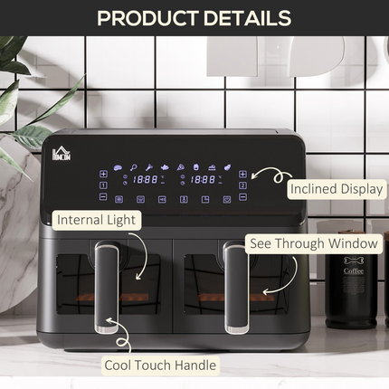 Dual Air Fryer 8L 2500W – 2 Baskets, 8 Presets, Timer & Recipe Book