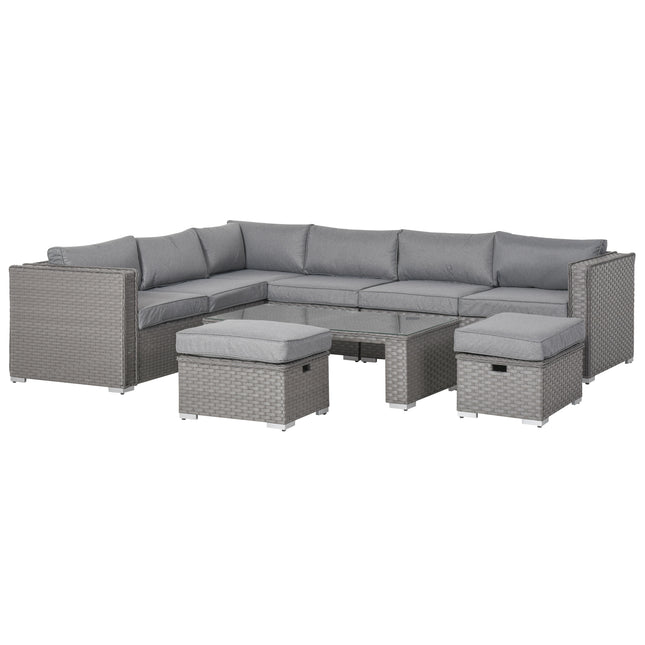 6 PCs PE Rattan Wicker Corner Sofa Set Coffee Table Footstool w/ Cushion - Grey