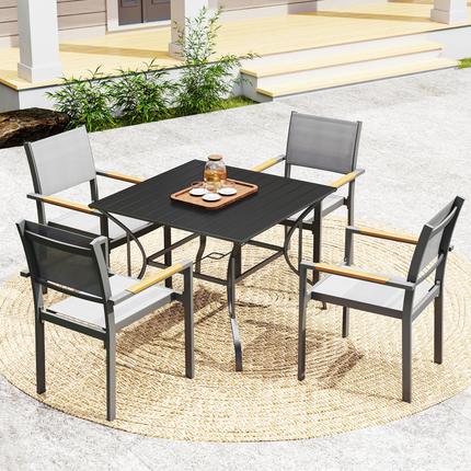 Outsunny Garden Table with Parasol Hole for Four, Slatted Metal Plate Top