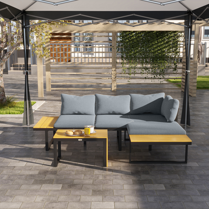 Outsunny 3PCs Patio Furniture Set w/ Cushions, Wood Grain Plastic Top Table