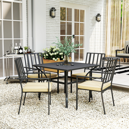 Outsunny Garden Dining Set w/ 4 Stackable Cushioned Chairs and Metal Top Table