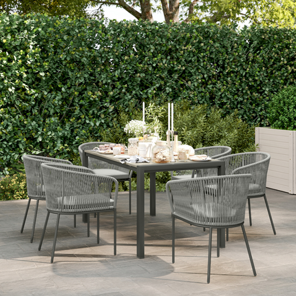 Outsunny 6 Seater Rattan Dining Set with Acacia Wood Table Top Seat Cushions