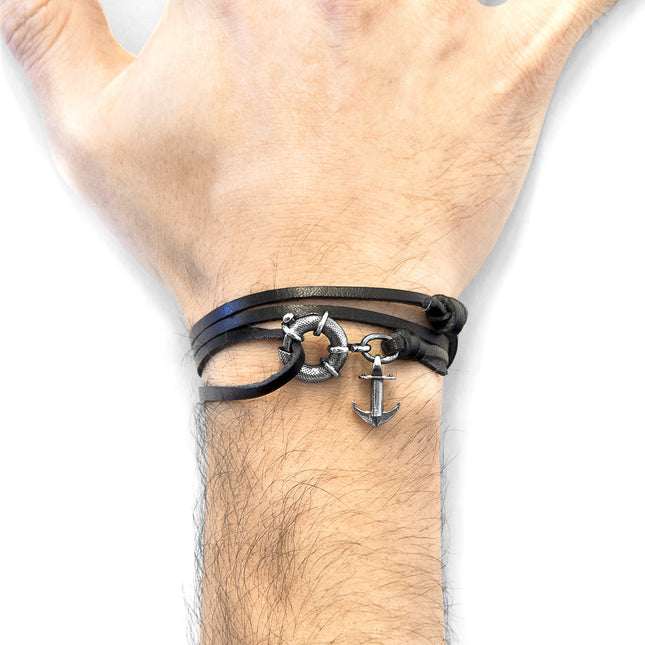 Coal Black Clyde Anchor Silver & Flat Leather Bracelet