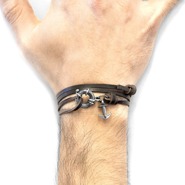 Dark Brown Clyde Anchor Silver & Flat Leather Bracelet